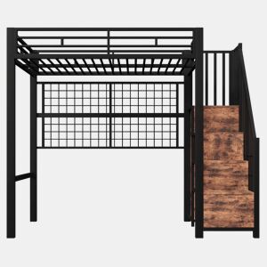 Cama alta 90 x 200 cm - estrutura em ferro, armário, escada com espaço de arrumação, grelha para pendurar objetos, espaço livre na parte inferior, luzes LED de 7 cores, sem colchão - preto