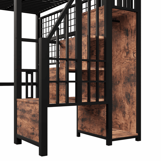 Cama alta 90 x 200 cm - estrutura em ferro, armário, escada com espaço de arrumação, grelha para pendurar objetos, espaço livre na parte inferior, luzes LED de 7 cores, sem colchão - preto
