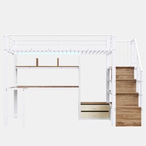 Cama alta 90 x 200 cm - estrutura em ferro, 2 gavetas, grelha para pendurar objetos, fita LED, secretária, escada com espaço de arrumação, sem colchão - branco