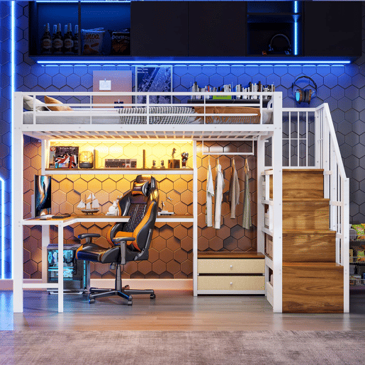 Cama alta 90 x 200 cm - estrutura em ferro, 2 gavetas, grelha para pendurar objetos, fita LED, secretária, escada com espaço de arrumação, sem colchão - branco