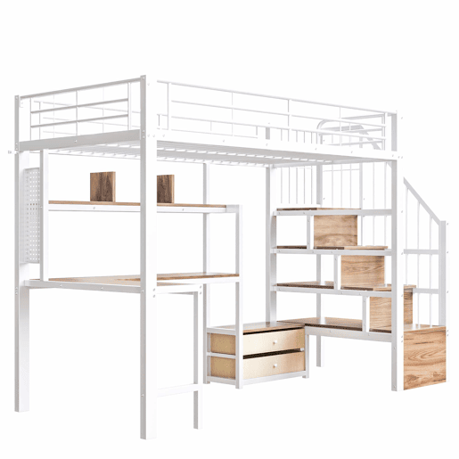 Cama alta 90 x 200 cm - estrutura em ferro, 2 gavetas, grelha para pendurar objetos, fita LED, secretária, escada com espaço de arrumação, sem colchão - branco