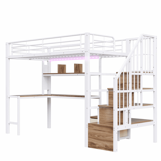 Cama alta 90 x 200 cm - estrutura em ferro, 2 gavetas, grelha para pendurar objetos, fita LED, secretária, escada com espaço de arrumação, sem colchão - branco
