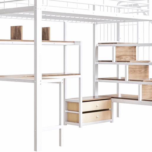Cama alta 90 x 200 cm - estrutura em ferro, 2 gavetas, grelha para pendurar objetos, fita LED, secretária, escada com espaço de arrumação, sem colchão - branco