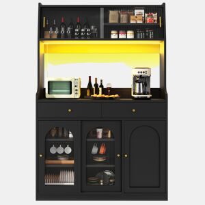 Armário de cozinha 120x40x180 cm - Com prateleiras ajustáveis, 2 gavetas, aparador com LED e luz variável - Preto