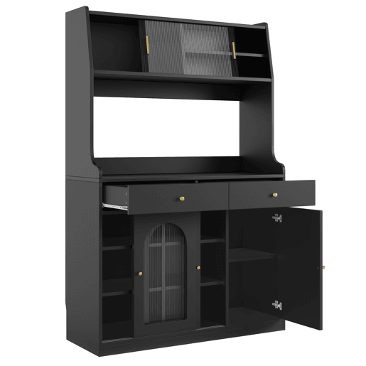 Armário de cozinha 120x40x180 cm - Com prateleiras ajustáveis, 2 gavetas, aparador com LED e luz variável - Preto