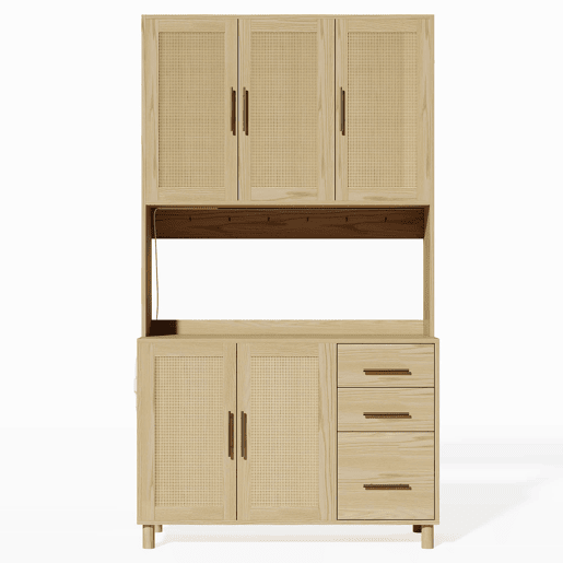 Buffet 183 cm - LED decorativas, 2 x USB, 2 x tomadas, prateleiras ajustáveis, 3 gavetas, puxadores metálicos dourados - Natural