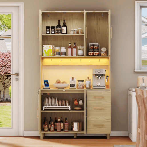 Buffet 183 cm - LED decorativas, 2 x USB, 2 x tomadas, prateleiras ajustáveis, 3 gavetas, puxadores metálicos dourados - Natural