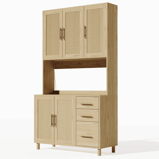 Buffet 183 cm - LED decorativas, 2 x USB, 2 x tomadas, prateleiras ajustáveis, 3 gavetas, puxadores metálicos dourados - Natural