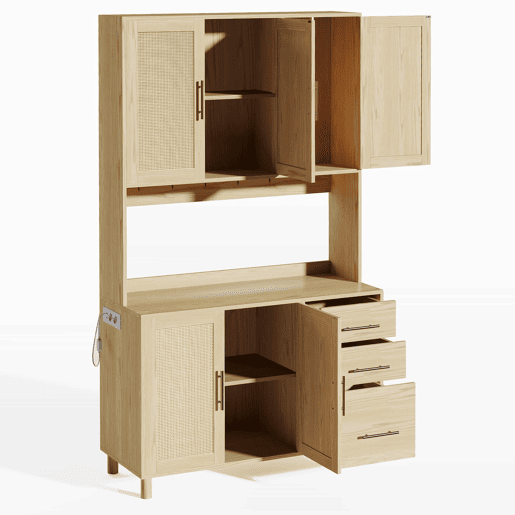 Buffet 183 cm - LED decorativas, 2 x USB, 2 x tomadas, prateleiras ajustáveis, 3 gavetas, puxadores metálicos dourados - Natural