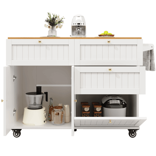 Ilha de cozinha moderna - Multifuncional com espaço de armazenamento e prateleiras extensíveis - Branco