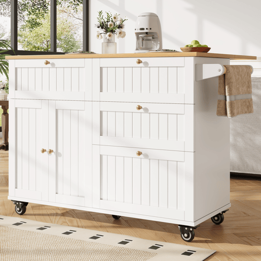 Ilha de cozinha moderna - Multifuncional com espaço de armazenamento e prateleiras extensíveis - Branco