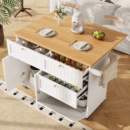 Ilha de cozinha moderna - Multifuncional com espaço de armazenamento e prateleiras extensíveis - Branco