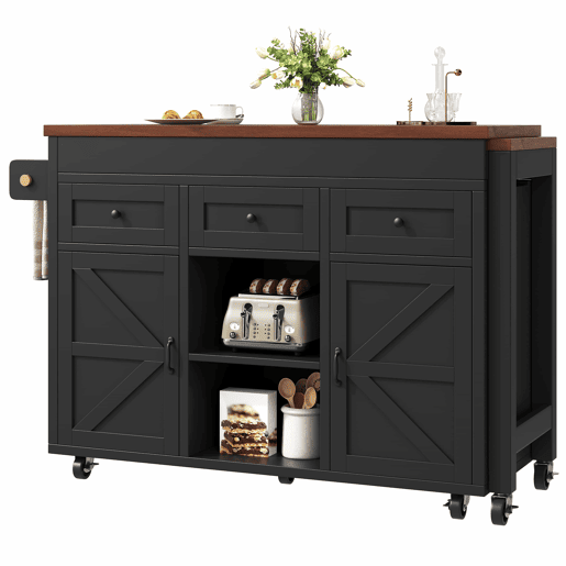 Ilha de cozinha multifuncional com mesa extensível e balcão (131,5-210 cm) u2013 giratória a 360°, com gavetas e armários, bancada versátil u2013 preto