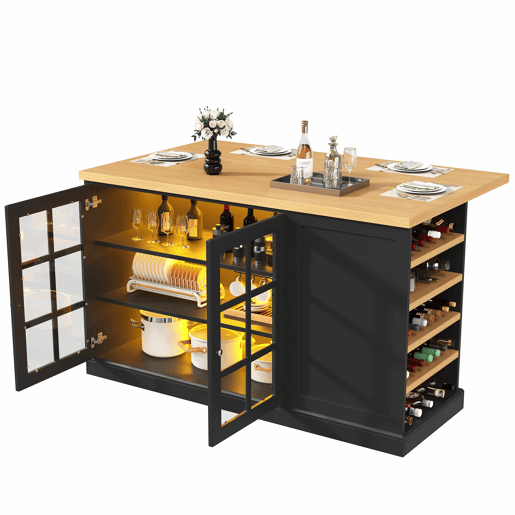 Ilha de cozinha e mesa de bar dobrável multifuncional u2013 com iluminação LED inteligente, suporte para garrafas inclinado e gaveta de arrumação, poupa espaço em apartamentos pequenos, alimentação por USB u2013 Preto