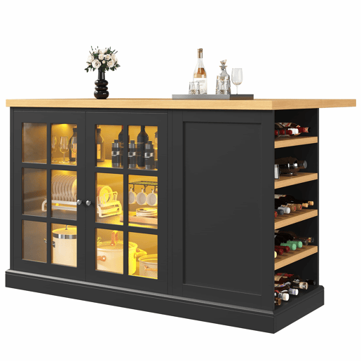 Ilha de cozinha e mesa de bar dobrável multifuncional u2013 com iluminação LED inteligente, suporte para garrafas inclinado e gaveta de arrumação, poupa espaço em apartamentos pequenos, alimentação por USB u2013 Preto