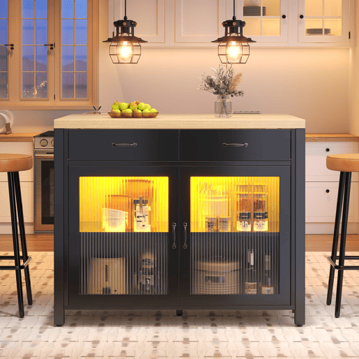 Ilha de cozinha com balcão - LED, mesa alta de bar, bancada com textura de madeira, mesa de café multifuncional, pés ajustáveis - Preto