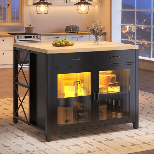 Ilha de cozinha com balcão - LED, mesa alta de bar, bancada com textura de madeira, mesa de café multifuncional, pés ajustáveis - Preto