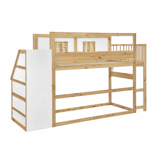 Cama alta infantil em madeira maciça 90x200 cm - Com escada, roupeiro, zona de brincar, design com janelas e base de ripas resistente - Branco e natural Cama alta infantil em madeira maciça 90x200 cm - Com escada, roupeiro, zona de brincar, design com janelas e base de ripas resistente - Branco e natural