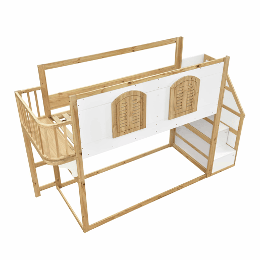 Cama alta infantil em madeira maciça 90x200 cm - Com escada, roupeiro, zona de brincar, design com janelas e base de ripas resistente - Branco e natural Cama alta infantil em madeira maciça 90x200 cm - Com escada, roupeiro, zona de brincar, design com janelas e base de ripas resistente - Branco e natural