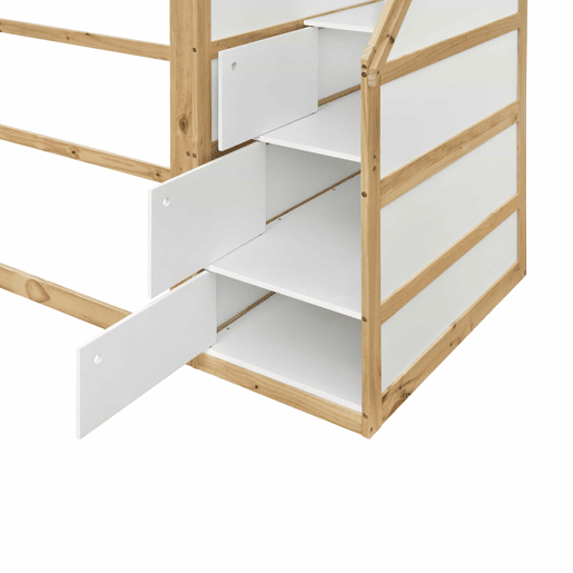 Cama alta infantil em madeira maciça 90x200 cm - Com escada, roupeiro, zona de brincar, design com janelas e base de ripas resistente - Branco e natural Cama alta infantil em madeira maciça 90x200 cm - Com escada, roupeiro, zona de brincar, design com janelas e base de ripas resistente - Branco e natural