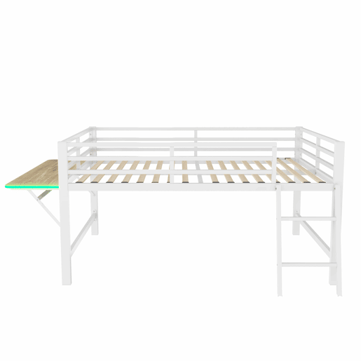 Cama baixa 140 x 200 cm - Sem colchão, grade de proteção, escada, secretária, faixa de LED - Branco