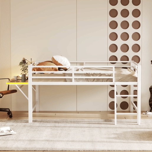 Cama baixa 140 x 200 cm - Sem colchão, grade de proteção, escada, secretária, faixa de LED - Branco