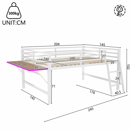 Cama baixa 140 x 200 cm - Sem colchão, grade de proteção, escada, secretária, faixa de LED - Branco