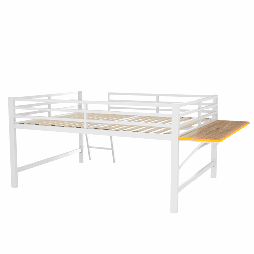 Cama baixa 140 x 200 cm - Sem colchão, grade de proteção, escada, secretária, faixa de LED - Branco