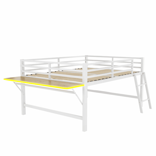 Cama baixa 140 x 200 cm - Sem colchão, grade de proteção, escada, secretária, faixa de LED - Branco