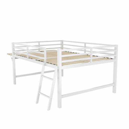 Cama baixa 140 x 200 cm - Sem colchão, grade de proteção, escada, secretária, faixa de LED - Branco