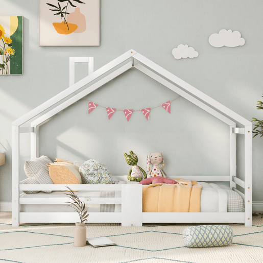 Cama de cabina com grelha de proteção - 90x200cm - madeira maciça - Branco