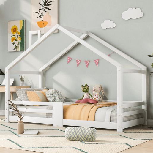 Cama de cabina com grelha de proteção - 90x200cm - madeira maciça - Branco