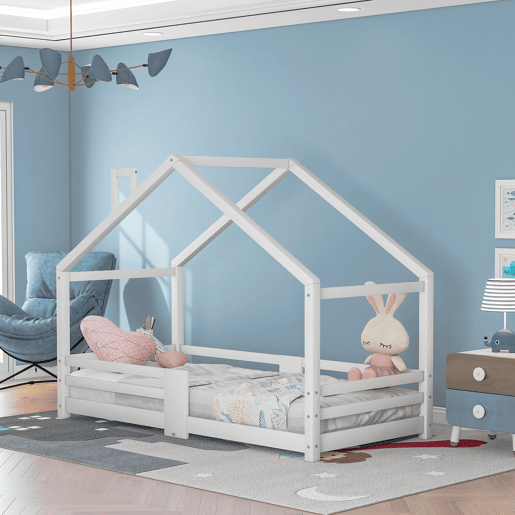 Cama de cabina com grelha de proteção - 90x200cm - madeira maciça - Branco