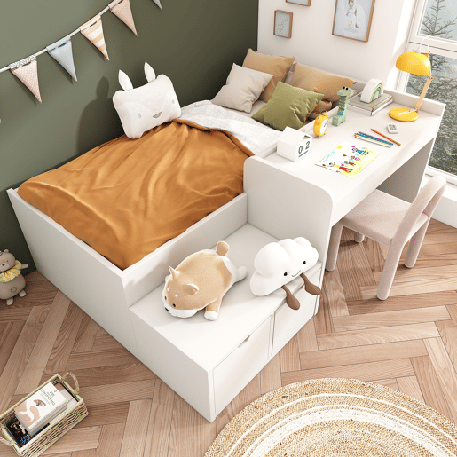 Cama de criança em madeira 90x200 cm - com secretária e gavetas - com estrado - Branco