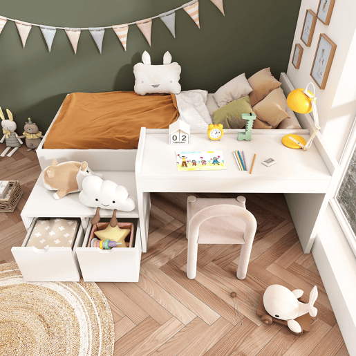 Cama de criança em madeira 90x200 cm - com secretária e gavetas - com estrado - Branco