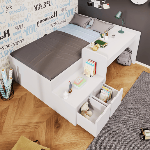 Cama de criança em madeira 90x200 cm - com secretária e gavetas - com estrado - Branco