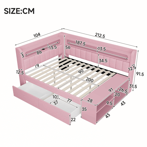 Sofá-cama estofado 90 x 200 cm - porta USB, faixa de luz LED, sapateira incluída, duas gavetas - rosa