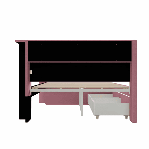 Sofá-cama estofado 90 x 200 cm - porta USB, faixa de luz LED, sapateira incluída, duas gavetas - rosa