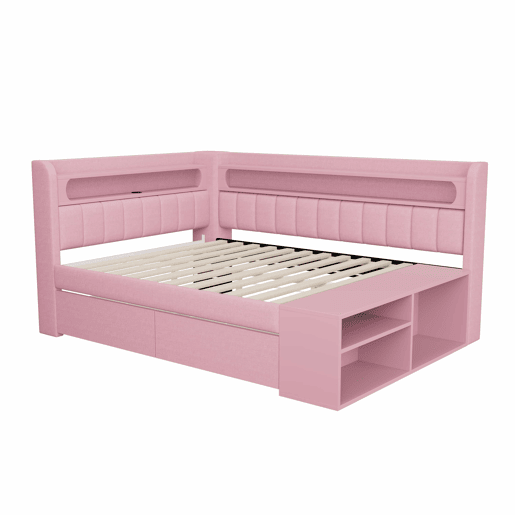 Sofá-cama estofado 90 x 200 cm - porta USB, faixa de luz LED, sapateira incluída, duas gavetas - rosa