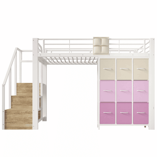 Beliche alto 140 x 200 cm - Com gavetas, barra para roupa, corrimão, escada com espaço de arrumação - Branco