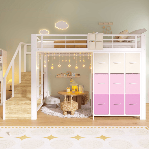 Beliche alto 140 x 200 cm - Com gavetas, barra para roupa, corrimão, escada com espaço de arrumação - Branco