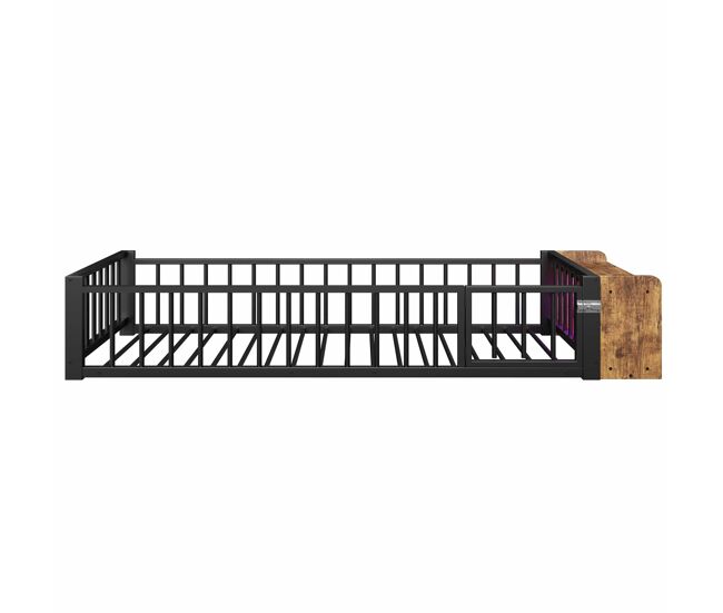 Cama baja, 90 x 200 cm - estructura metálica, con barandillas, sin colchón, con compartimentos y luces led - negro