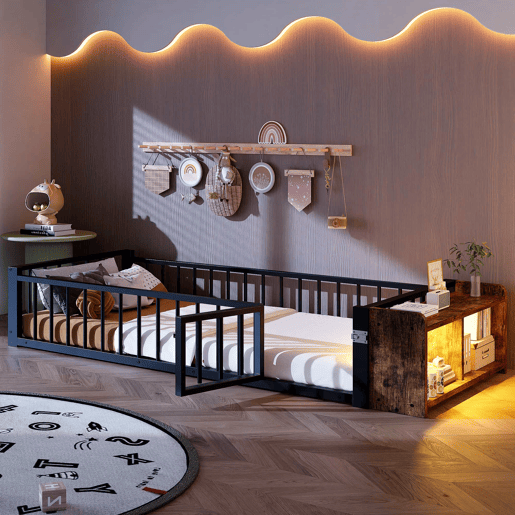 Cama baixa, 90 x 200 cm - Estrutura metálica, com grades laterais, sem colchão, com compartimentos e luzes LED - Preto