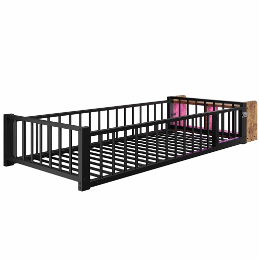 Cama baixa, 90 x 200 cm - Estrutura metálica, com grades laterais, sem colchão, com compartimentos e luzes LED - Preto