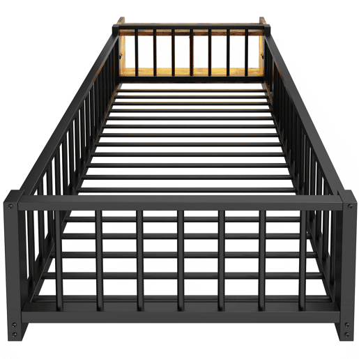 Cama baixa, 90 x 200 cm - Estrutura metálica, com grades laterais, sem colchão, com compartimentos e luzes LED - Preto