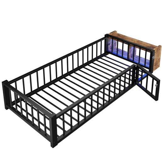 Cama baixa, 90 x 200 cm - Estrutura metálica, com grades laterais, sem colchão, com compartimentos e luzes LED - Preto