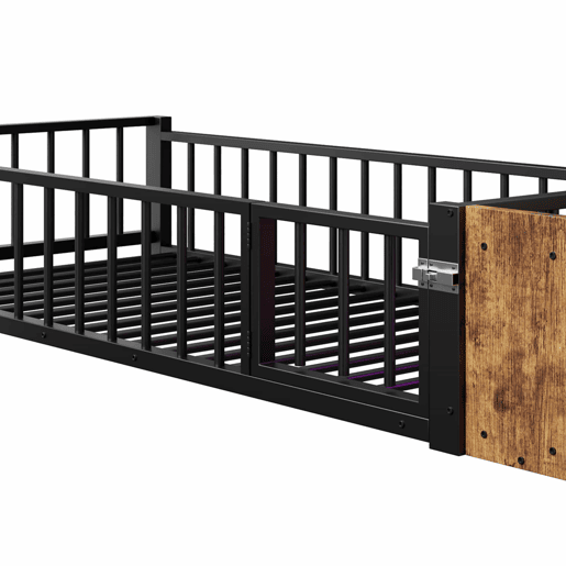 Cama baixa, 90 x 200 cm - Estrutura metálica, com grades laterais, sem colchão, com compartimentos e luzes LED - Preto