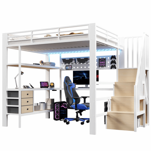 Cama alta 140x200 cm - estrutura metálica com prateleira, gaveta, painel perfurado, secretária, tomada e luz LED, sem colchão - branco