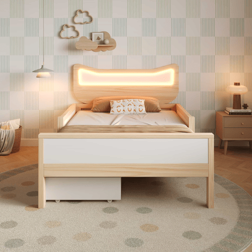 Cama infantil 90x200 cm - cabeceira com orelhas de gato, iluminação LED RGB, base de colchão, gaveta e espaço de arrumação reversível, grades de segurança - branco e carvalho Cama infantil 90x200 cm - cabeceira com orelhas de gato, iluminação LED RGB, base de colchão, gaveta e espaço de arrumação reversível, grades de segurança - branco e carvalho
