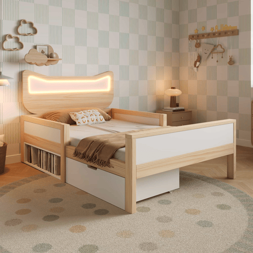 Cama infantil 90x200 cm - cabeceira com orelhas de gato, iluminação LED RGB, base de colchão, gaveta e espaço de arrumação reversível, grades de segurança - branco e carvalho Cama infantil 90x200 cm - cabeceira com orelhas de gato, iluminação LED RGB, base de colchão, gaveta e espaço de arrumação reversível, grades de segurança - branco e carvalho